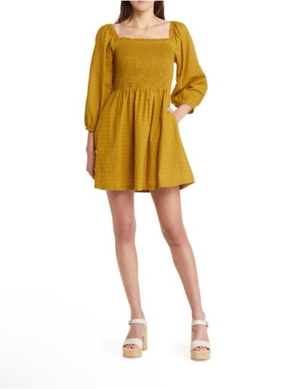 Lost And Wander Forest Jewel Mini Dress SZ M Smocked Bodice Cotton In Ecru Olive